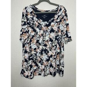 J. Jill Pima Scoop Neck Elbow Sleeve Tee Floral Navy Fresh Bloom Print Tee XL